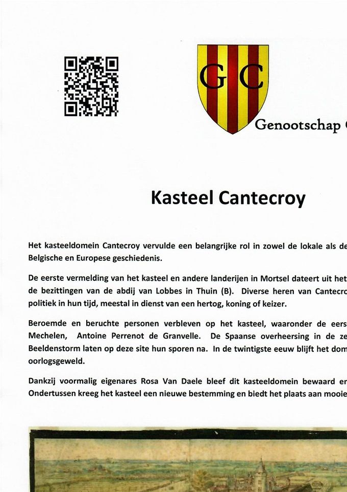 Informatiebordje dat onthuld word op 22 september 2019 om 12:30 op het kasteeldomein Cantecroy tijdens de eerste dag van Het Genootschap CanteCroy